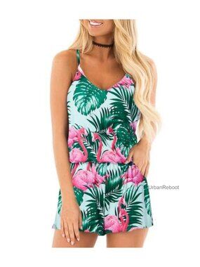 Women's Floral Tropical Hawaiian Romper Spaghetti Strap Shorts Pockets